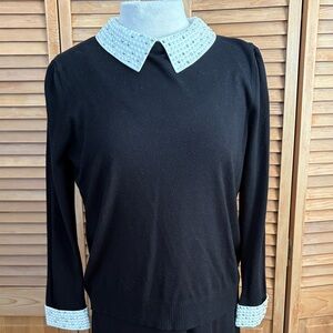 Black Siani of Milano Sweater with Pearl Collar and Cuffs Size L